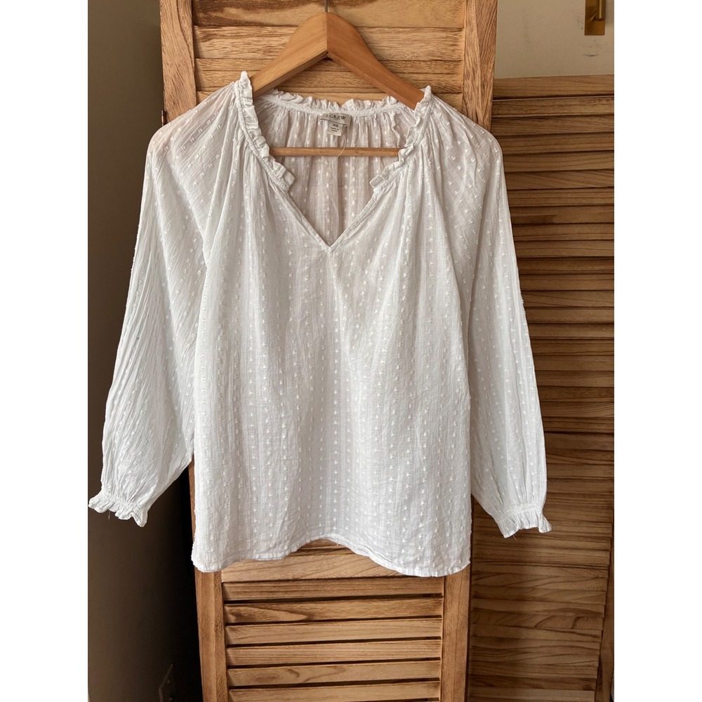 J.Crew White Swiss Dot Ruffle V-Neck Peasant Blouse Long Sleeve Top XS